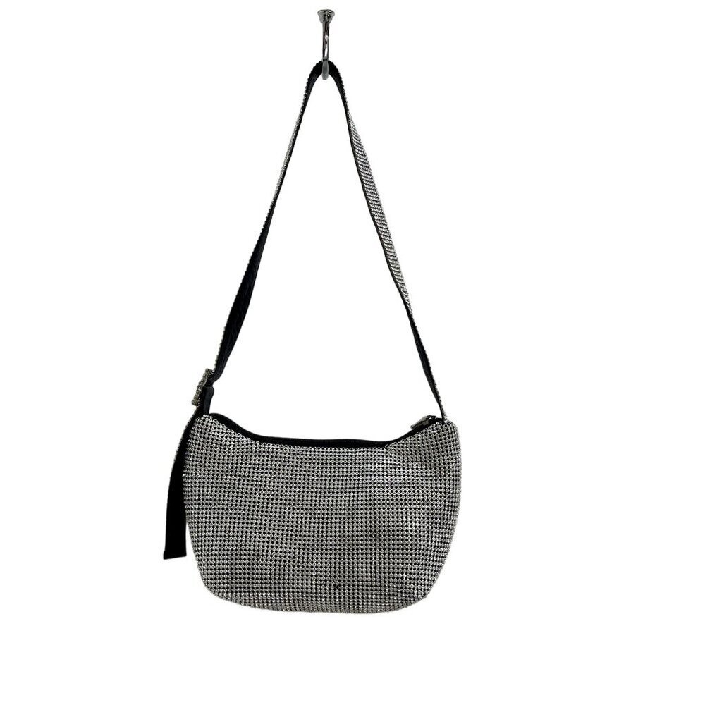 Alessia Rhinestone Mesh Silver Shoulder Bag Adjustable Strap & Zipper Closure - Picture 3 of 7